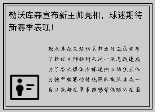 勒沃库森宣布新主帅亮相，球迷期待新赛季表现！